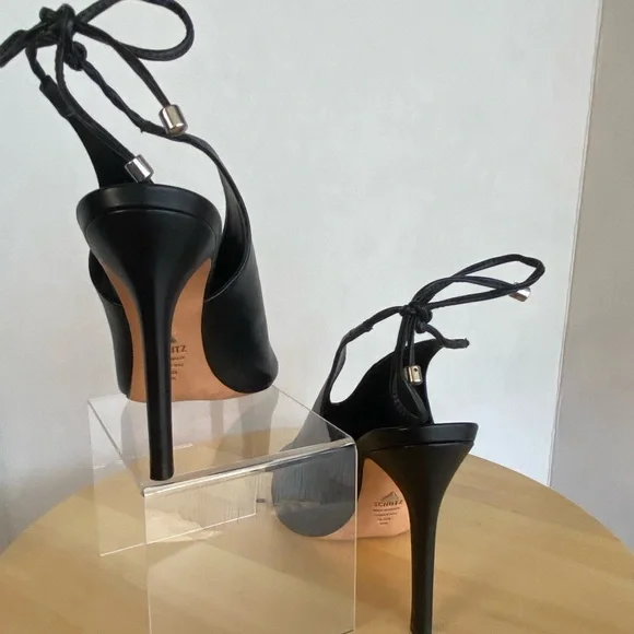 SCHUTZ Black Peep-Toe Lace-Up Stilettos - Picture 7 of 13